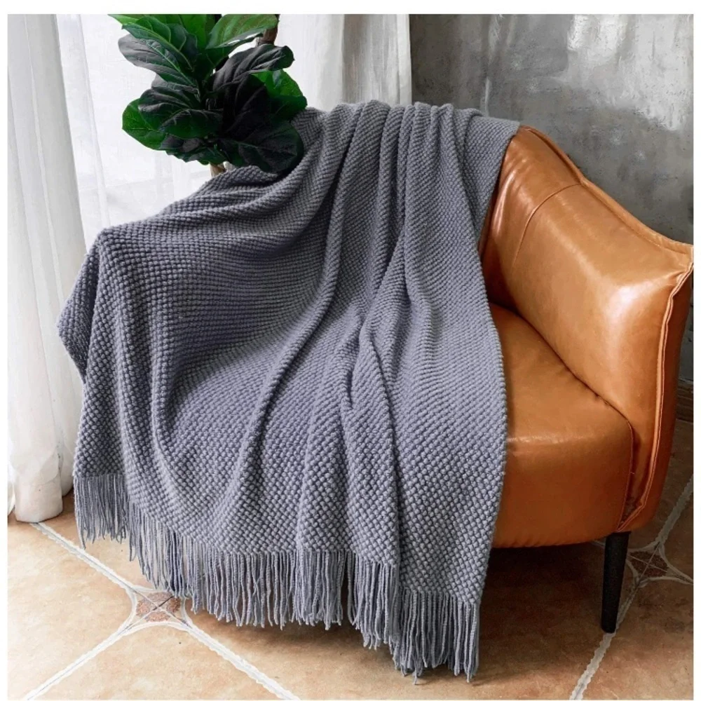Light Grey Boho Tassel Chunky Knit Dorm/Living/Bedroom Cozy Casual Throw Blanket - Picture 12 of 16